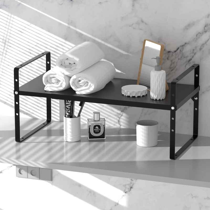 iPEGTOP 2 Pack Expandable Cabinet Storage Shelf Organizer Rack, Heavy Duty Steel Metal Spice Rack Adjustable Height Office Garage Pantry Shelf Space Riser for Counter Kitchen Organization, Black