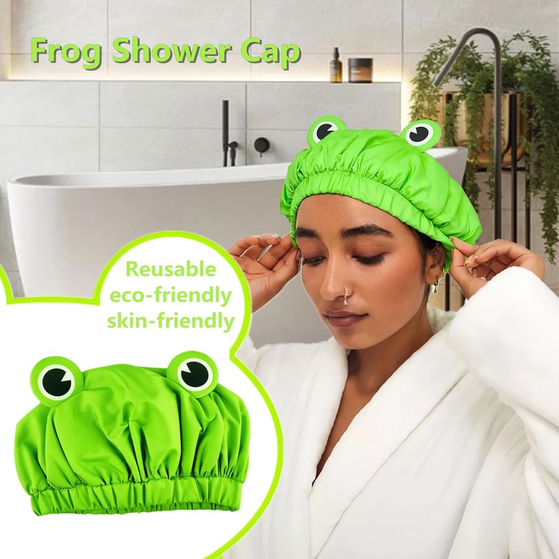 LamaMe Shower Cap, Waterproof Reusable Double Layers Bath Cap Elastic Band Hair Cap Green Frog Shower Cap for Women Ladies Spa Salon, Small