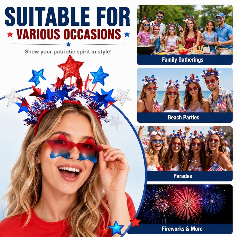 4th of July Patriotic Accessories Set - Star Headband & Gradient Star Sunglasses | Red, White & Blue
