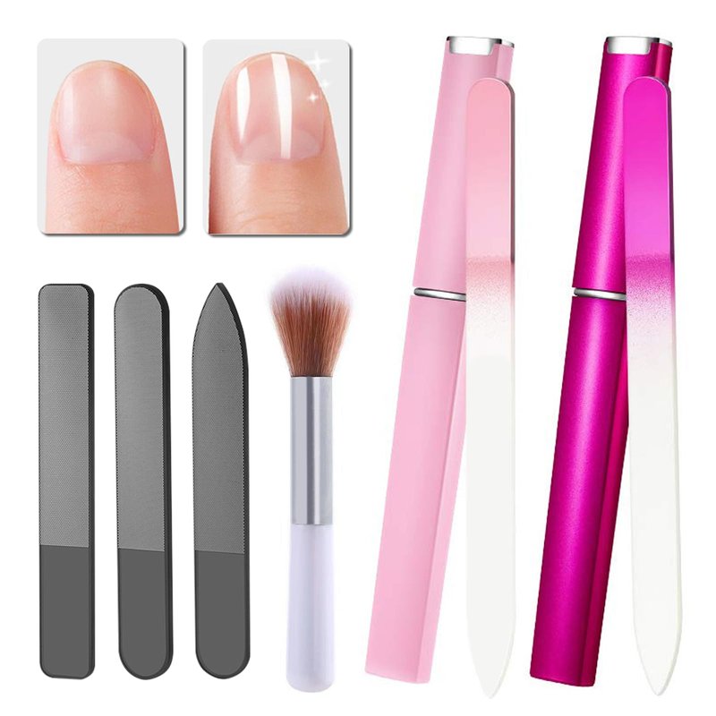 5Pcs Glass Nail File Polisher Set for Natural Nails, 2Pcs Crystal Glass Fingernail Files with Case 3Pcs Nano Glass Nail Shiner Double Sided Etched Nail Buffer for Nail Care Manicure Salon Travel Home