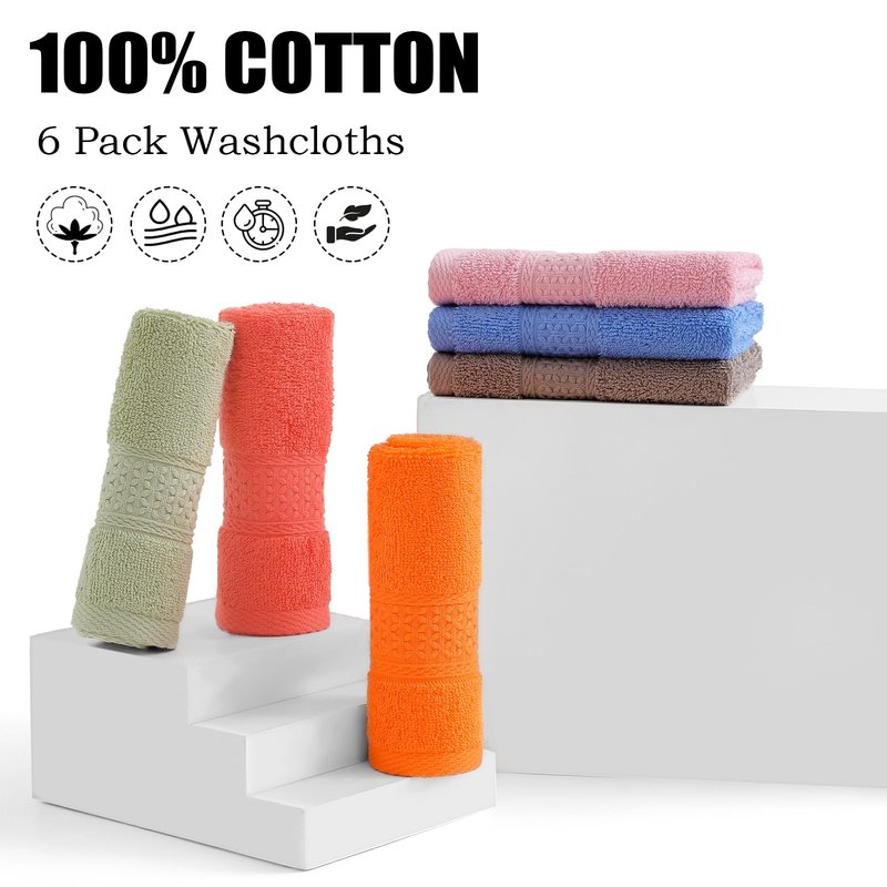 QAJ 6 Pack 100% Cotton Washcloths Set, Highly Absorbent and Soft Feel Fingertip Towels, 13 x 13 in Quick Dry Face Cloths