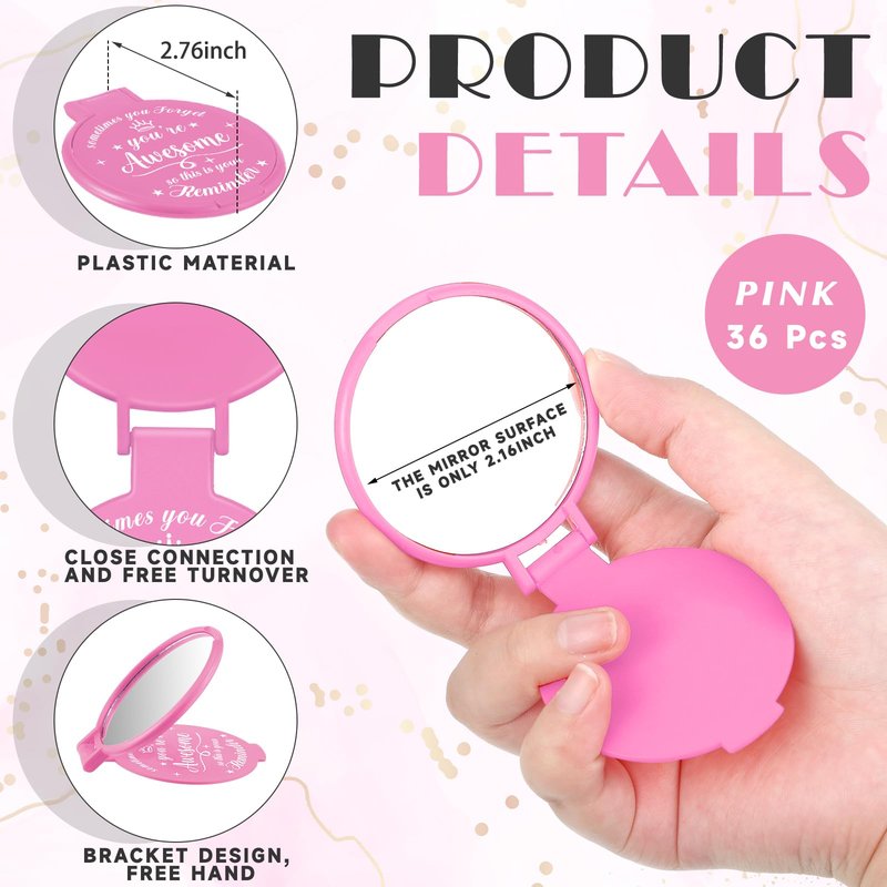 Gulfmew 36 Pcs 2.76 Inch Inspirational Compact Mirror Bulk Women Small Gifts Graduation Mothers Day Party Favors Purse Mirror Pocket Mini Items for Adult Coworker Cheerleader Swag Bag (Pink)