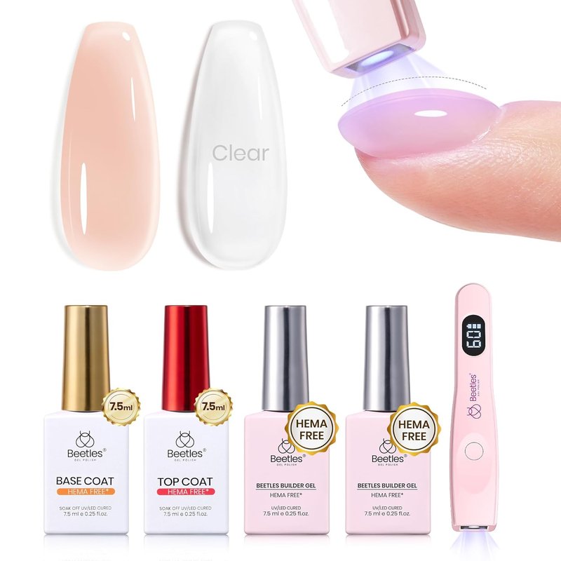 Beetles Builder Gel Nails Kit - HEMA Free 8-in-1 Clear Natural Nude Gel with Handheld Nail Lamp | Perfect for DIY Salon Use