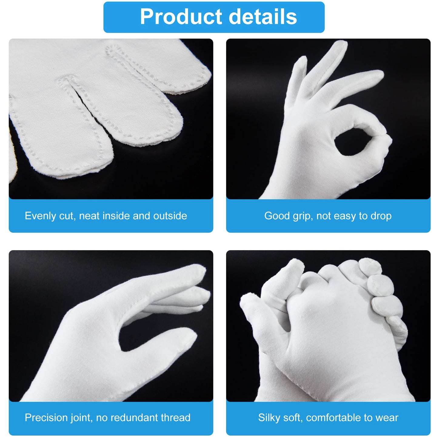 White Gloves, 6 Pairs(12 Pcs) Thinck Cotton Gloves for Dry Hands Sleeping, Moisturizing Gloves Spa Eczema Overnight, Work Gloves for Coin Jewelry Service
