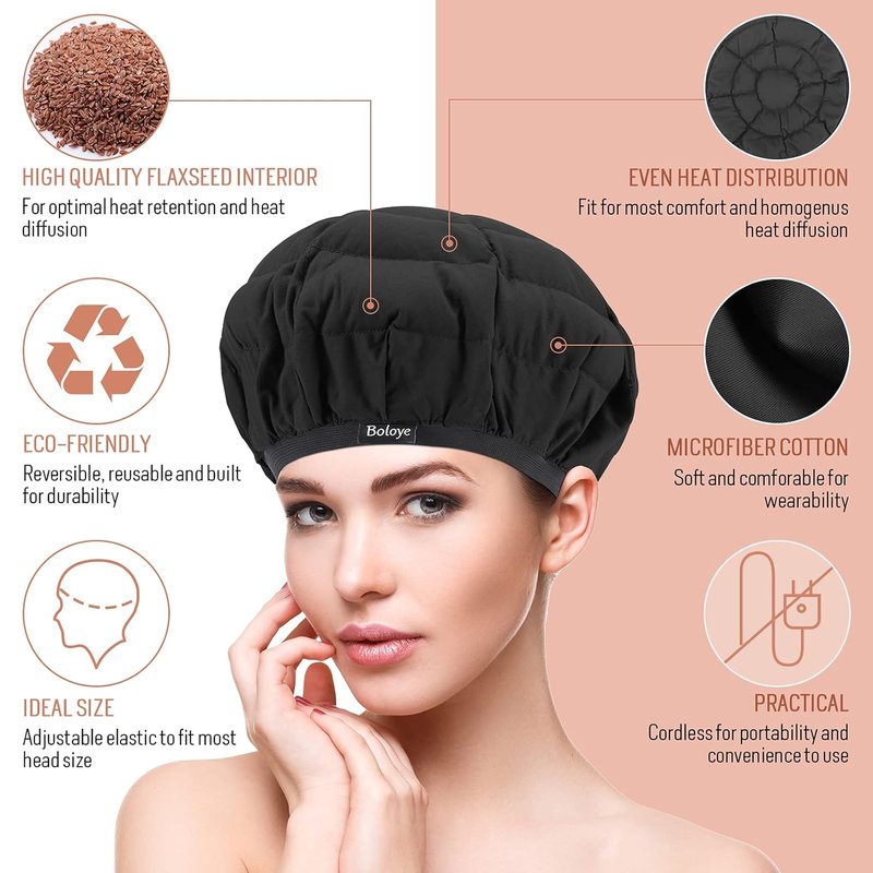 Boloye Flaxseed Deep Conditioning Heat Cap - Cordless Microwave Hot Cap for Natural Curly Hair | Universal Size (10 PCS) - Black