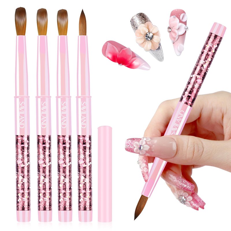 SAVILAND Kolinsky Acrylic Nail Brush Set: Size 6,10,12,14 Professional Manicure Brushes with Gradient Pink Handle for Acrylic Powder 3D Carving & Nail Art Extension Tools Kit Salon Home DIY