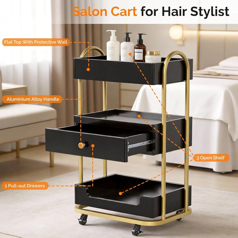 OmySalon Salon Trolley Cart - Mobile Hair Styling Station with 3 Trays & 1 Drawer | Black