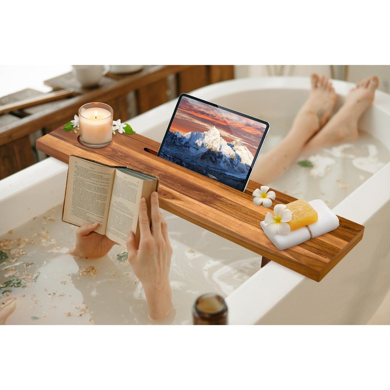 ILOT Bathtub Tray for Standard Tubs – 29" Adjustable Teak Wood Bath Caddy | Anti-Tip, Non-Toxic, Waterproof, Sustainable Bath Tray Organizer for Relaxing Spa & Home Use