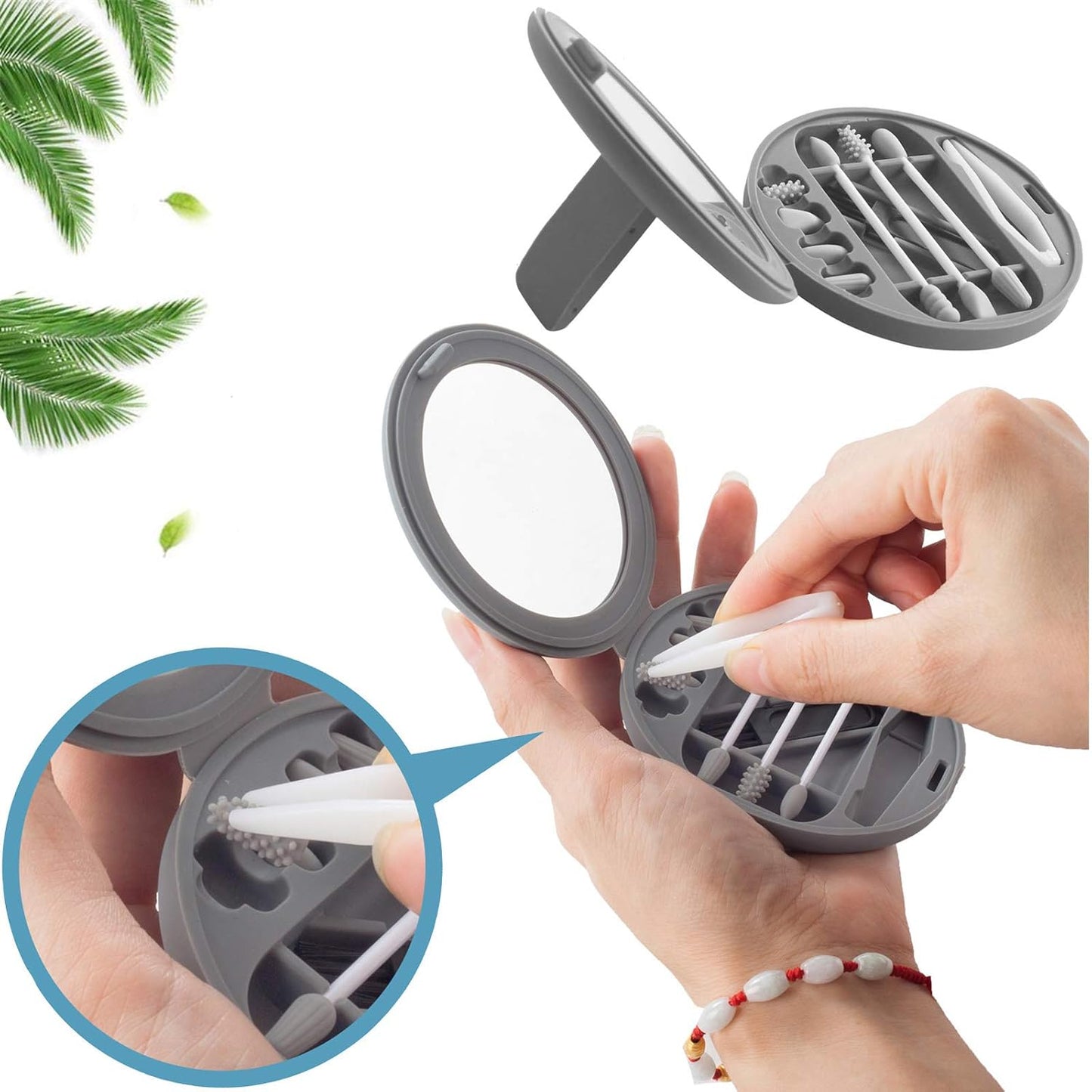 Strogem Reusable Cotton Swabs - Multifunctional Portable Silicone Q-Tips with Mirror | Gray