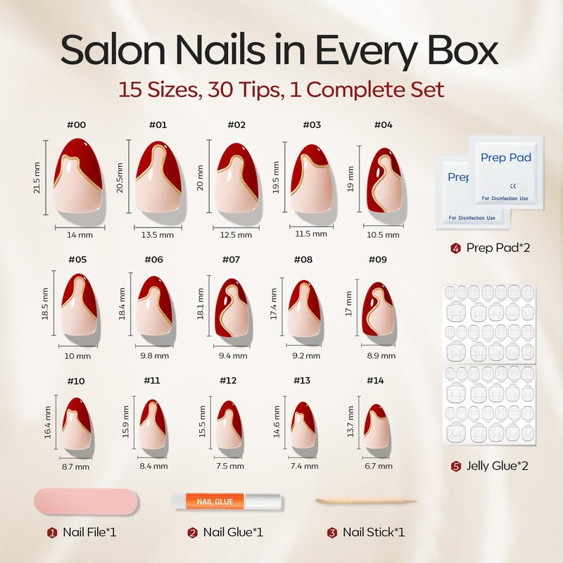 Modelones French Tip Press on Nails Almond, Short Almond Fake Nails, Semi-Transparent Soft Nail Kit with Nail Glue Adhesive Tabs Nail File, Spring Nails Press Ons 30Pcs 15 Sizes, Red Lines