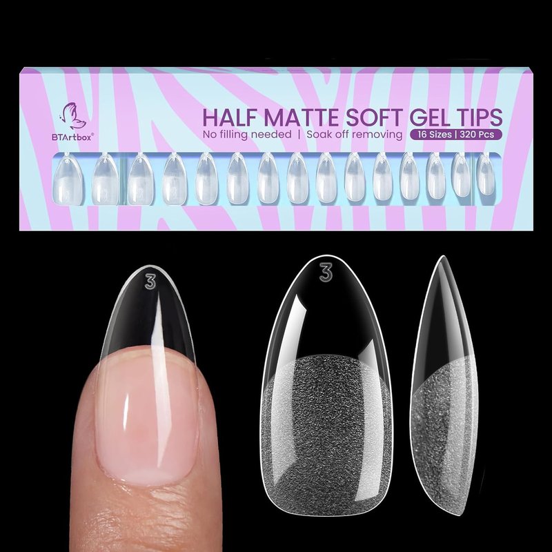 BTArtbox Half Matte Soft Gel Nail Tips - 320pcs Pre-Shaped Almond Full Cover Nails | Clear & Natural Fit, 16 Sizes
