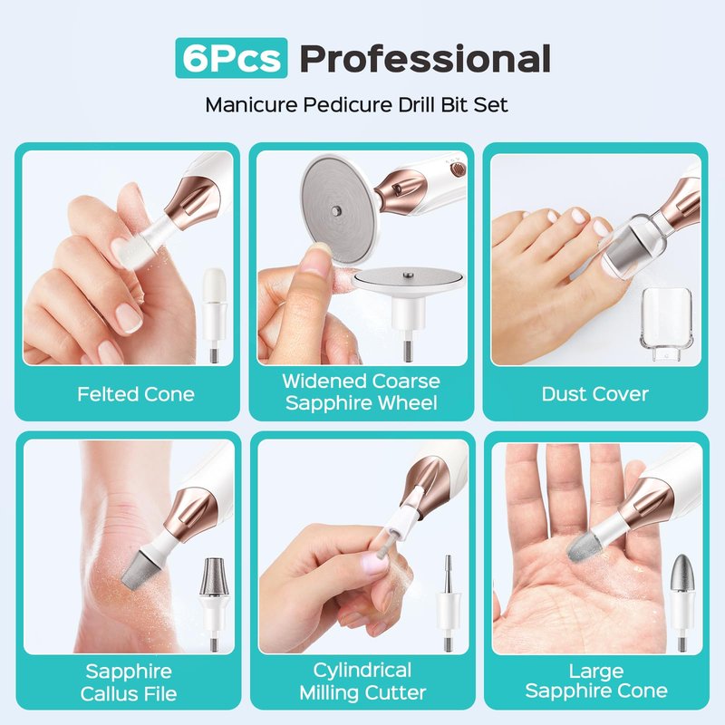 COSLUS C43 Professional Manicure Pedicure Kit, 5-in-1 Electric Nail File for Toenail Hand Feet - Upgrade Wider Grinder for Thick Nails Care, Cordless, 5 Speed, for Men Women Seniors Home Salon, White