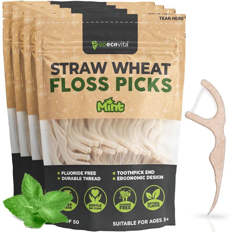 Dental Floss Picks - Straw Wheat Handle Flossers | Thin & Shred-Resistant Thread for Tight Gaps | Flossers for Adults | Gentle on Gums & Teeth | Gluten-Free & Vegan (200 Pack, Mint)