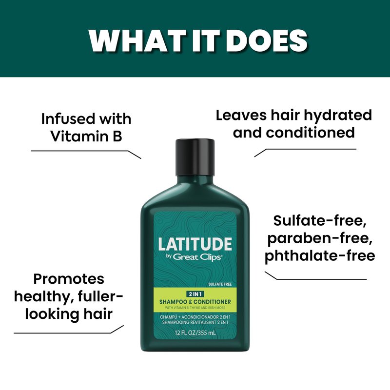 GREAT CLIPS LATITUDE 2-in-1 Shampoo + Conditioner | Daily Shampoo and Conditioner Set for Men | Promotes Full + Healthy Hair | 12oz | Packaging May Vary