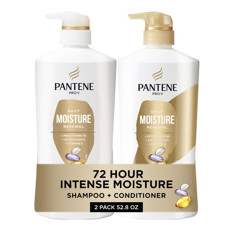 Pantene Shampoo & Conditioner Set, Daily Moisture Renewal with Vitamin E - Pro-V Nutrients for Dry, Color-Treated, Straight to Curly Hair, 72-Hour Hydration & Softness, 52.8 Oz Total