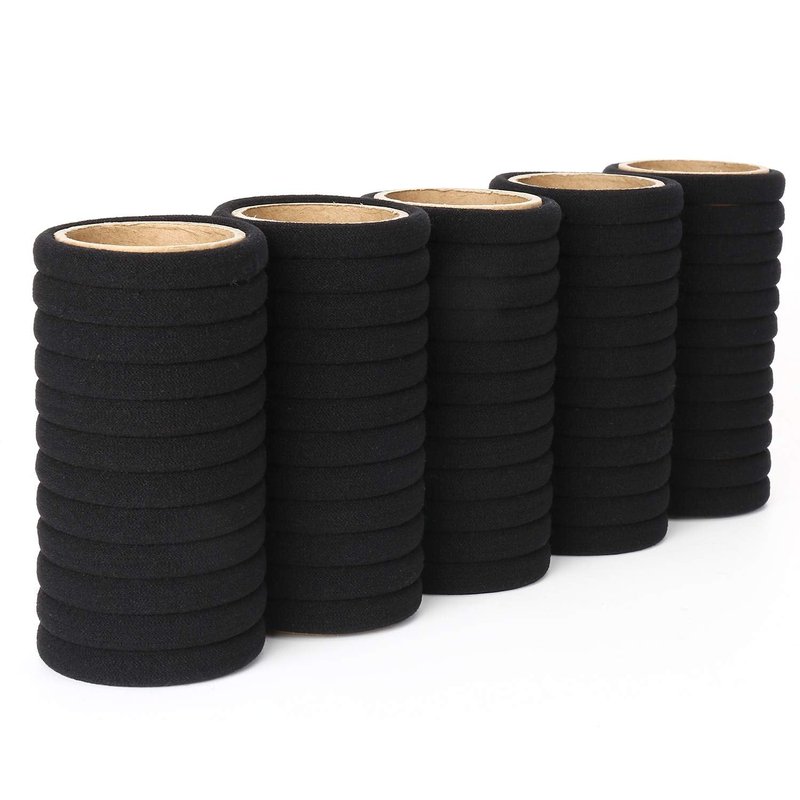 Qarwayoc Black Hair Ties - 50PCS Cotton Seamless Ponytail Holders | No Damage for Thick Hair, 2 Inch Diameter