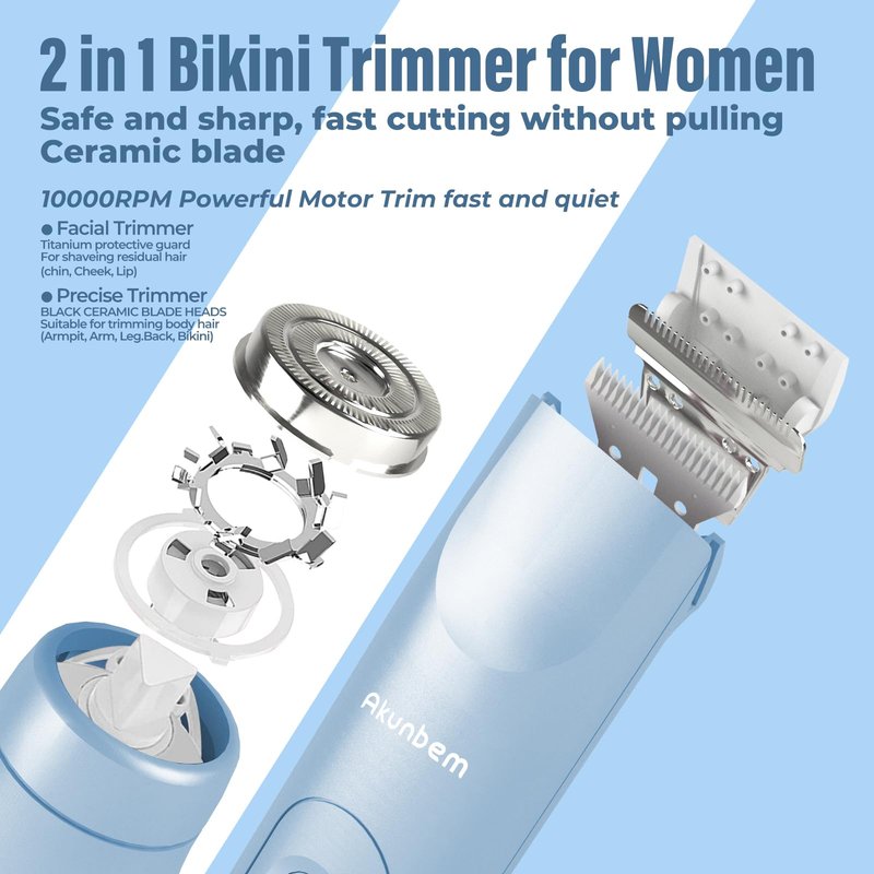 Akunbem Bikini Trimmer for Women - 2 in 1 Electric Razors for Women - Dual Head Electric Shaver - IPX7 Waterproof Wet & Dry Use Body Hair Trimmer and Facial Hair Remover for Bikini Underarm Leg Arm