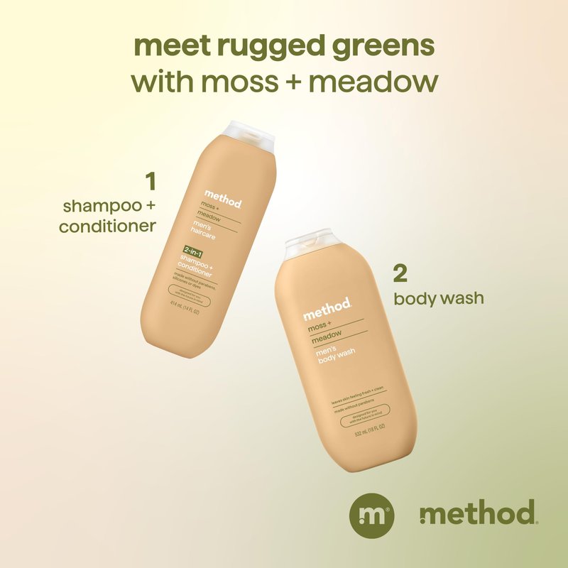 Method Men 2-in-1 Shampoo and Conditioner, Moss + Meadow - Cleans and Conditions with Argan and Jojoba Oil - Made without Parabens - 14 oz