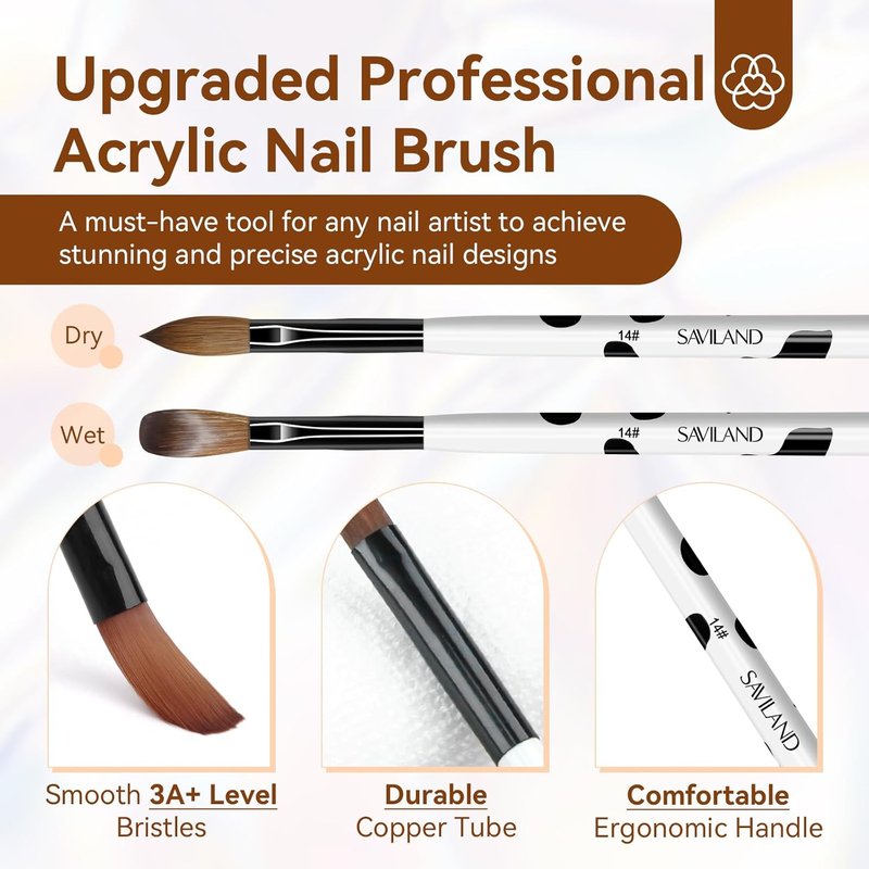 Acrylic Nail Brush Kit - 3 Kolinsky Brushes (Size 8/10/14) & 60ml Cleaner | Plant-Based Formula for Nail Art & Care
