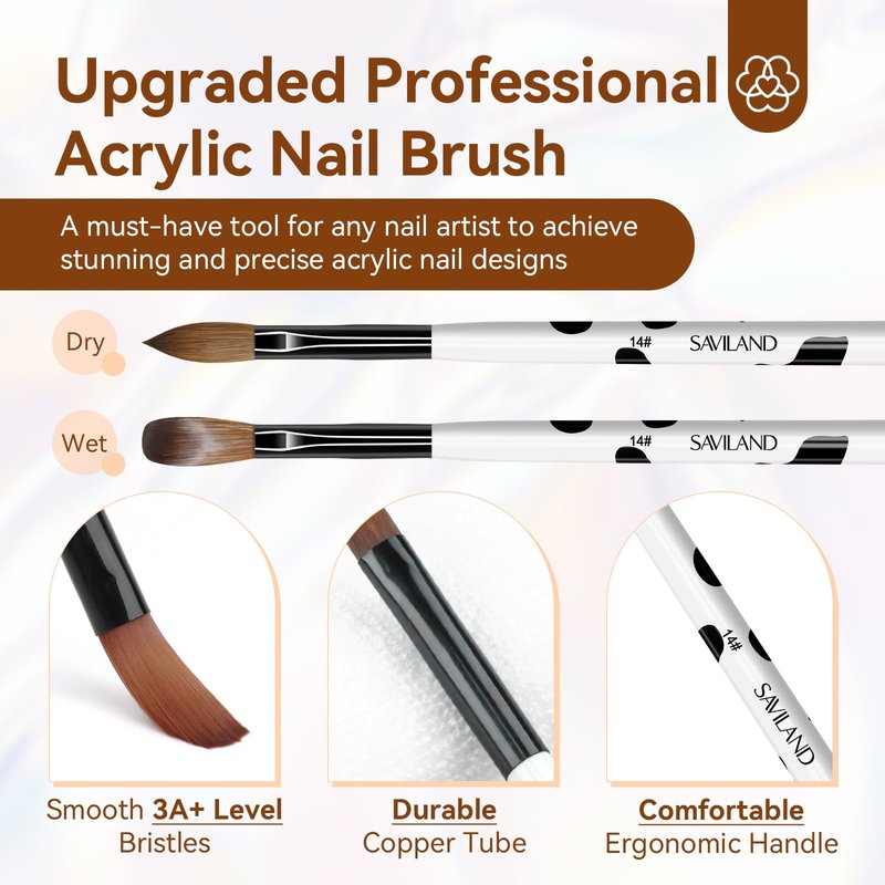 Saviland 3pcs Acrylic Nail Brush Set, Size 8/10/14 Kolinsky Acrylic Nail Brushes for Acrylics Application, Acrylics Powder Nails Art Extension with Black & White Handle for Beginner & Professional