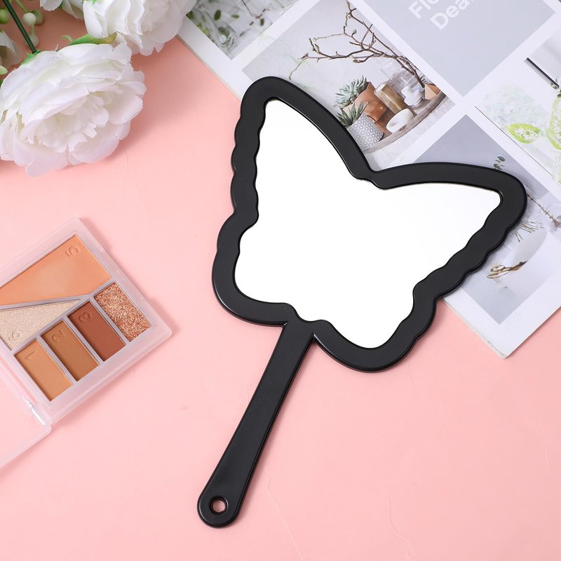 Butterfly Shaped Hand Held Mirror with Handle, Cute Cosmetic Travel Handheld Mirror, Single-Sided Portable Travel Vanity Lash Hand Held Mirrors for Shaving Makeup Men & Women (Black, 6 x 8 Inch)