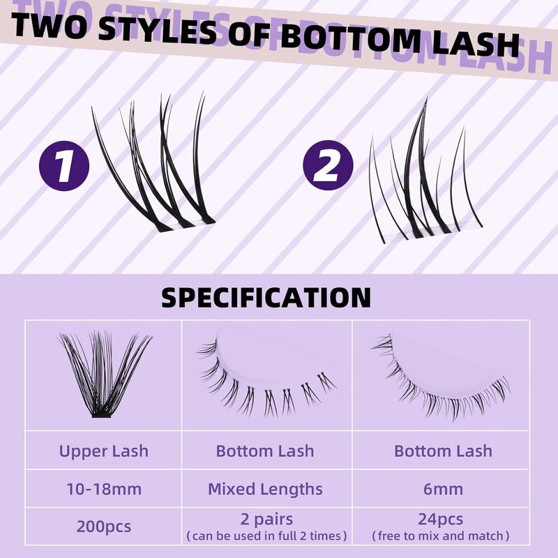 Eyelash Extension Kit - 50D D Curl Lash Clusters with Bottom Lashes | DIY 10-18mm Applicator Set