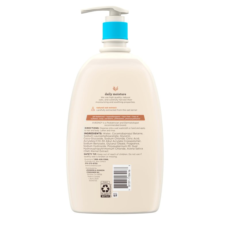 Aveeno Baby Daily Moisture Body Wash & Shampoo with Oat Extract, Hypoallergenic, Tear-Free, No Added Parabens, pH-Balanced Formula For Sensitive Hair & Skin, Baby Essentials, 33 fl oz