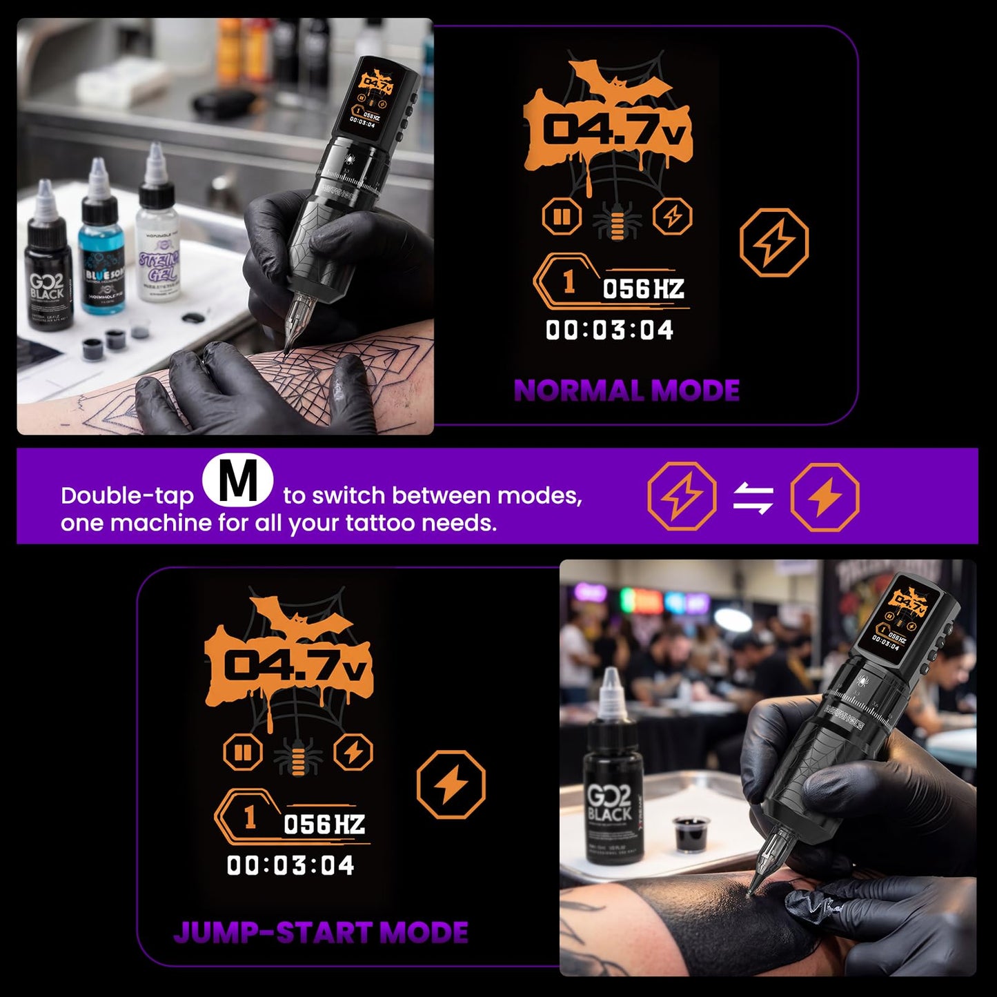 Wormhole 2 PCS 2300mAh Batteries Tattoo Kit Wireless Tattoo Gun Kit with 7 Adjustable Strokes, Smart Display with 3 Memory Slots, 3 Working Modes, 2 Tattoo Inks for Lining & Shading WTK0256