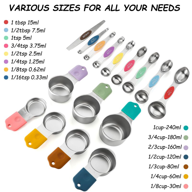 Magnetic Measuring Cups and Spoons Set of 16 Including 7 Stainless Steel Stackable Magnetic Measuring Cup 8 Magnetic Measuring Spoon with Leveler for Measuring Dry Liquid Ingredient