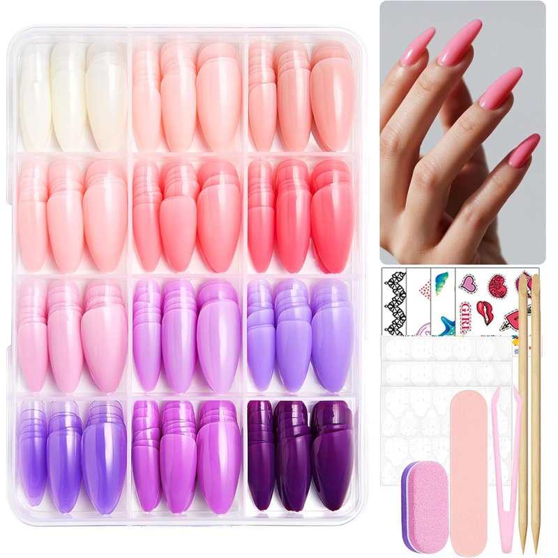 Skiennix 12 Color Press-On Nails Set - Medium Almond Glossy Full Cover Artificial Acrylic Nails | Reusable 288 Pcs