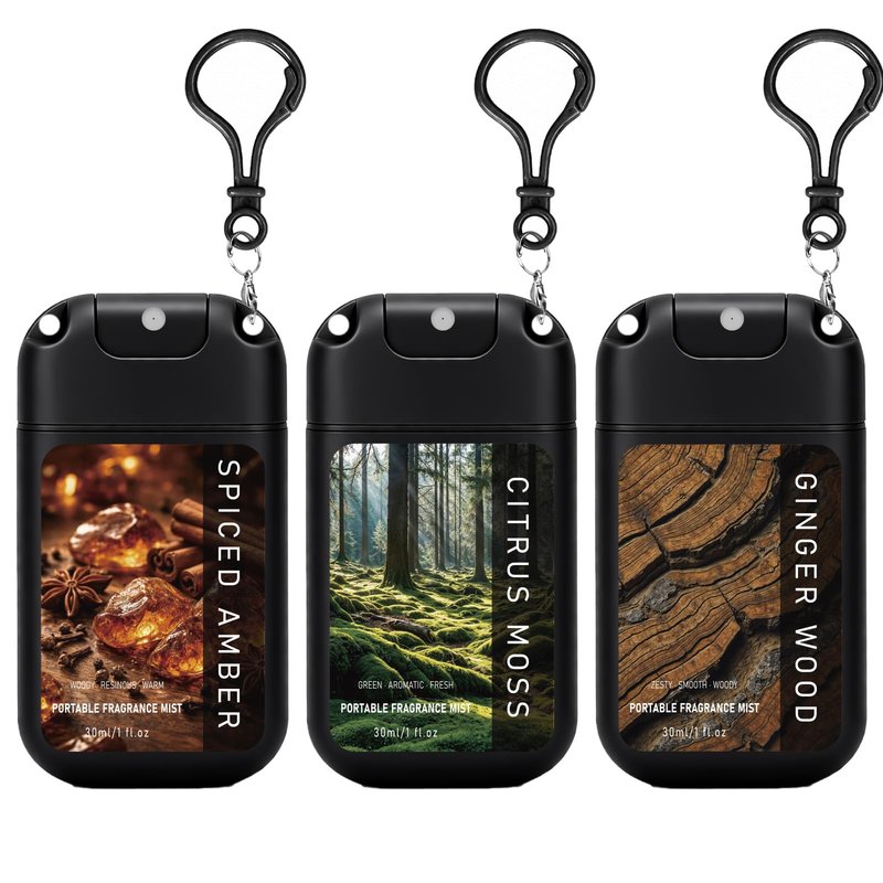 AQUA BLANCE Travel Size Body Spray for Men, Card-Style Portable Refreshing Spray with Hook, 3 Pack Each 1.0 fl oz-Spiced Amber, Citrus Moss, Ginger Wood