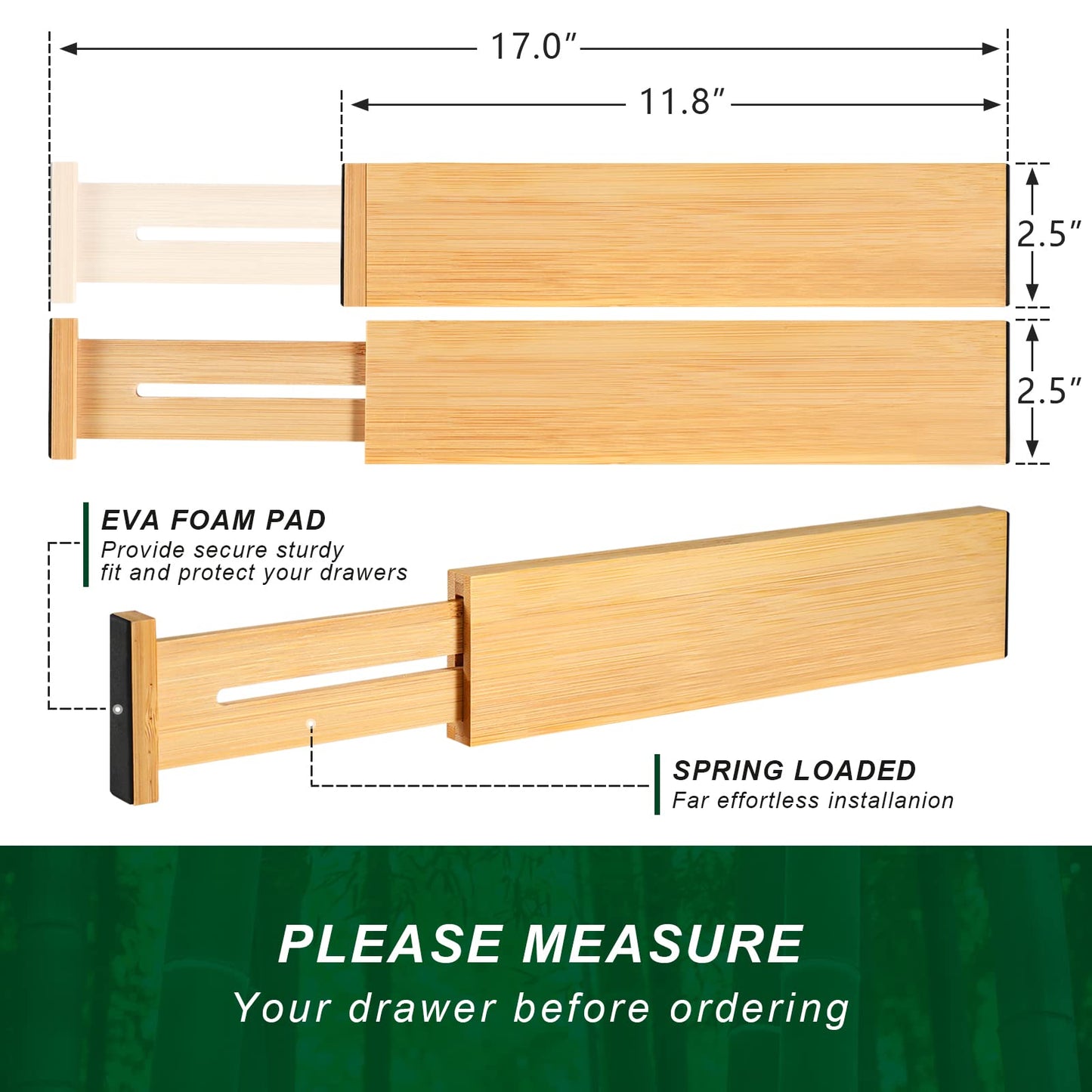 4 Pack Bamboo Drawer Dividers 2.6" High, Adjustable Length from 12 Inch to 17 Inch, Expandable Kitchen Drawer Organizer Separators for Clothes, Kitchen, Bedroom, Dresser, Office (Beige)