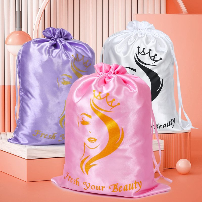 AIHOPESTO 6PCS Satin Storage Pouches for Multiple Hair Pieces - Silk Drawstring Organizers for Bundles, Extensions & Packaging (Pink)