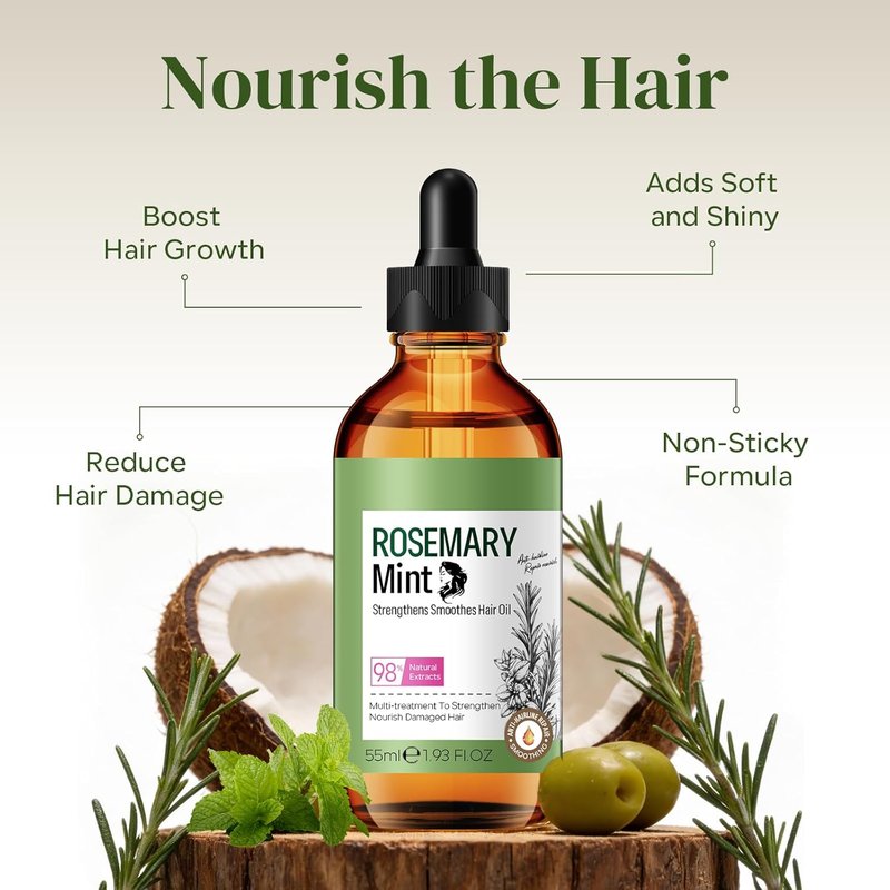 Rosemary Mint Hair Oil for Hair Growth, Strengthening and Smoothing Hair Oil, Deep Moisturizing and Nourish for Split Ends and Dry Scalp, Aromatherapy, Lightweight and Non-Greasy, 1.93 Fl Oz