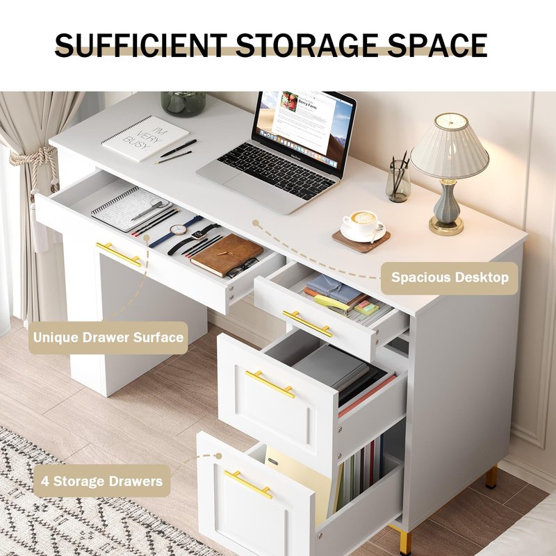 4 EVER WINNER White Desk with Drawers and Power Outlet, 48 Inch Small Desks with Storage Golden Handle, Girls Desk with 4 Storage Writing Table for Small Spaces, White and Gold Desks