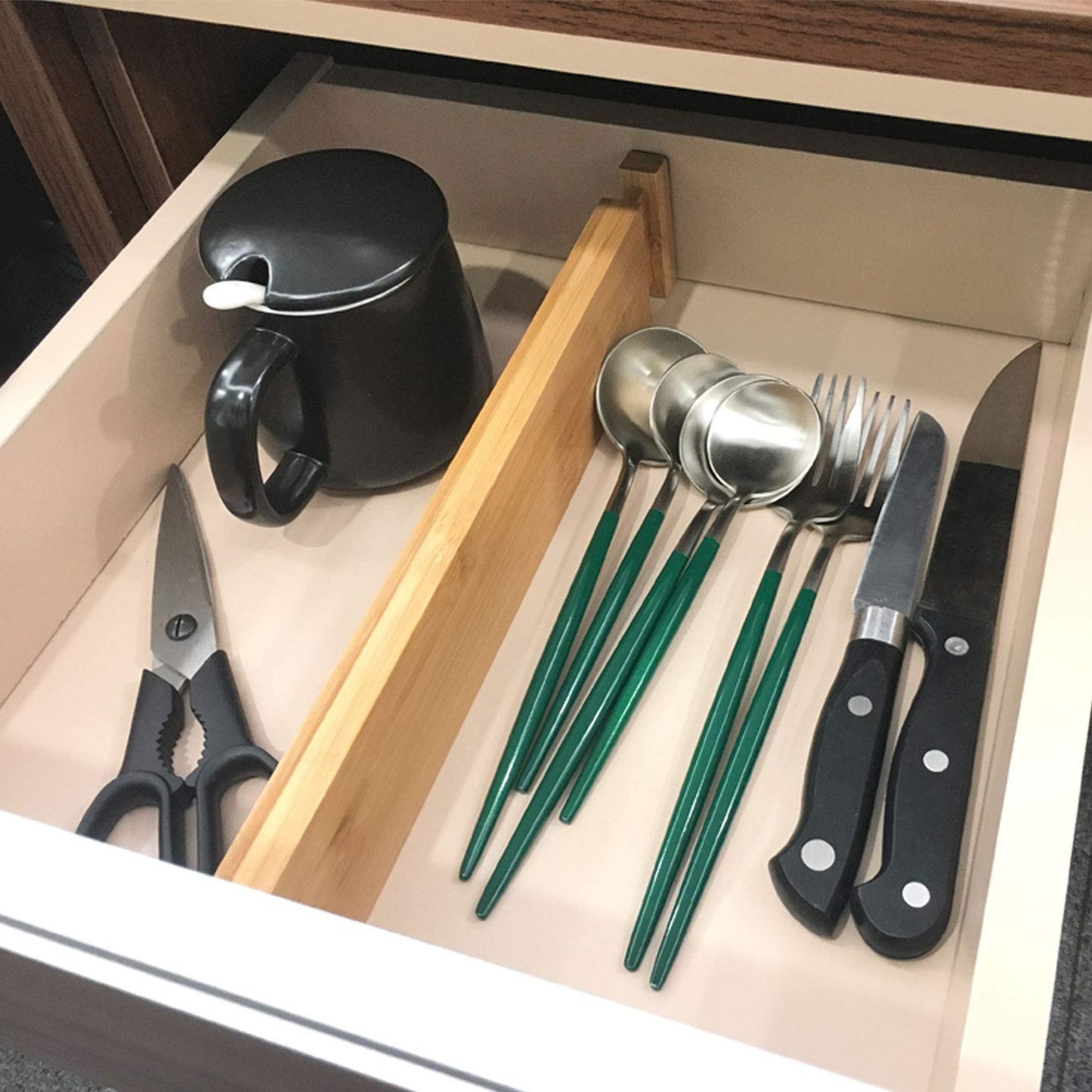VaeFae 6-Pack Bamboo Drawer Dividers – Adjustable 14"-19.1" (Fits 15"-18" Drawers ONLY), Spring-Loaded Expandable Organizer for Kitchen, Bedroom, Office & Bathroom, MUST MEASURE Before Purchase