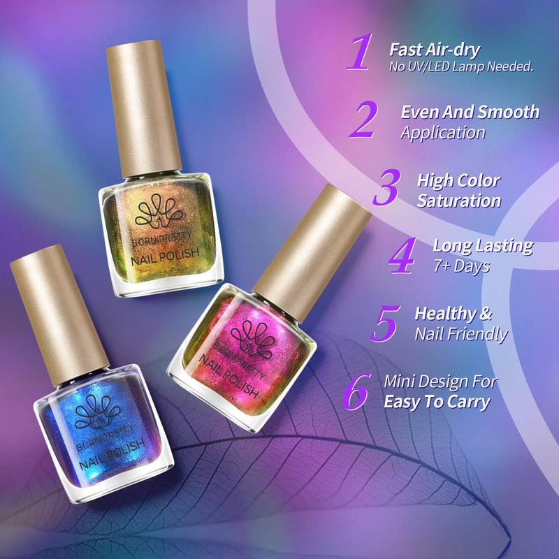 Born Pretty Chameleon Nail Polish Set, 6 Colors Chrome Holographic Metallic Glitter Quick Dry Nail Lacquer Kit Long Lasting DIY Fingernail Art Home Salon Valentines Gifts for Women Girls