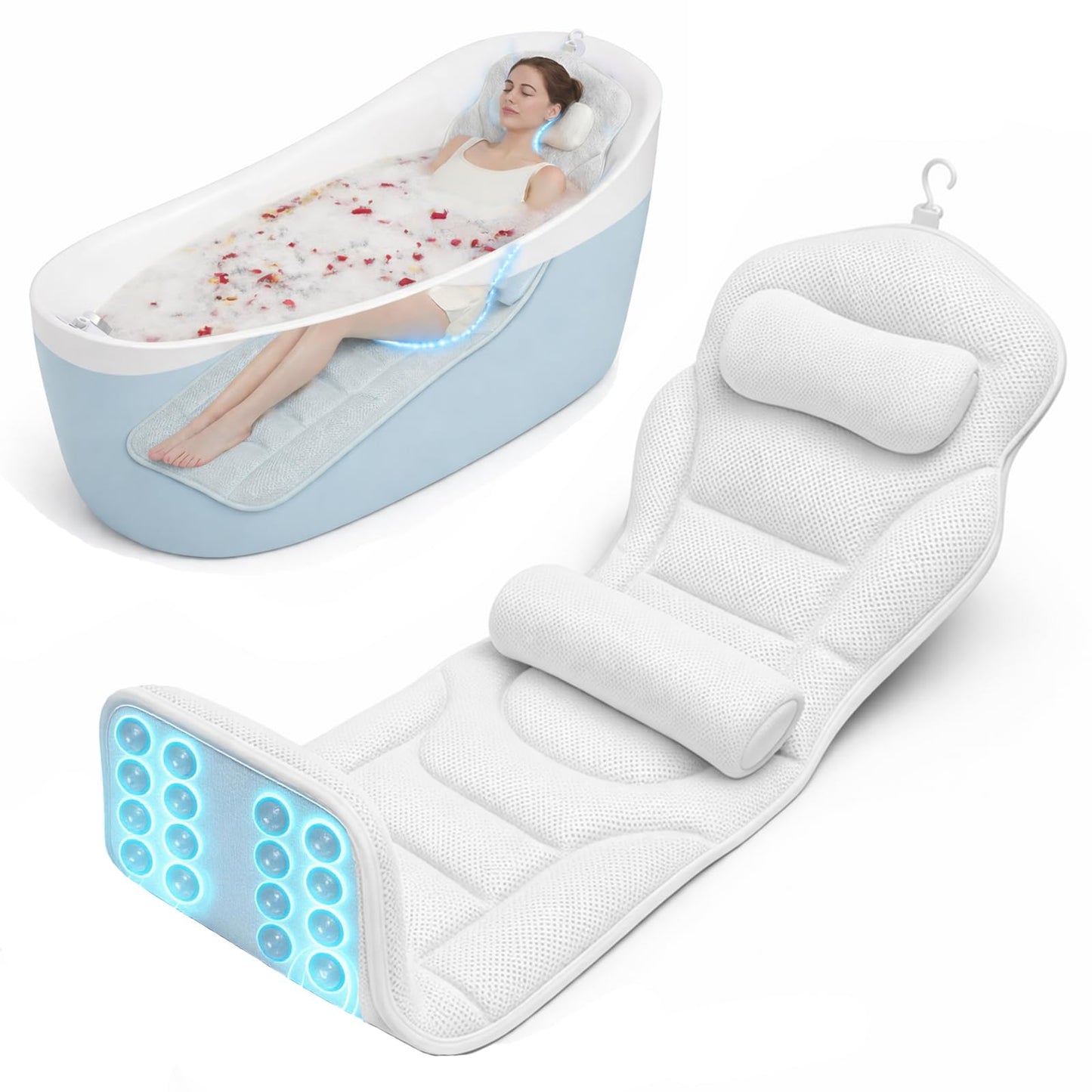 Full Body Bathtub Pillow with Lumbar Support, 5D Air Mesh Bathtub Cushion for Soaking Tub, 168 Suction Cups Full Bath Pillow for Post-Yoga Spa, Deep Relaxation & Romantic Baths