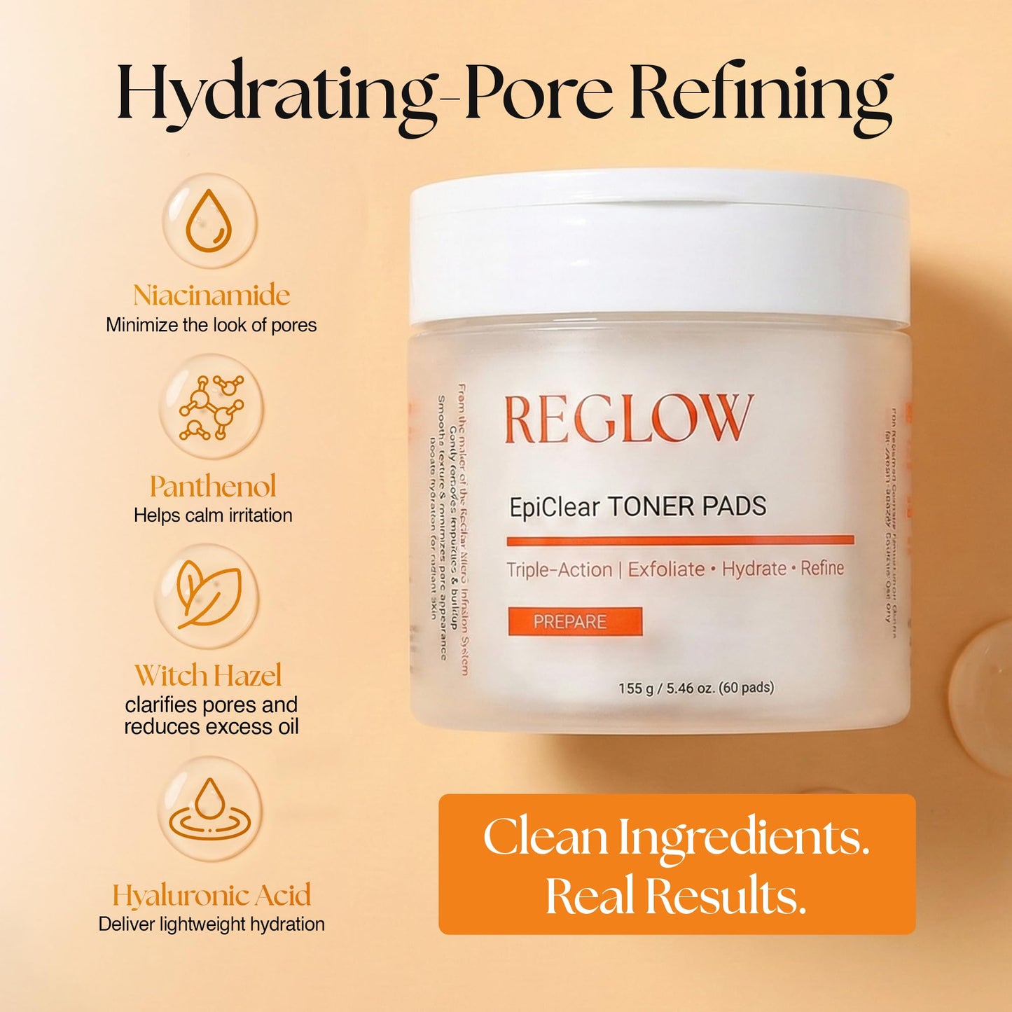 ReGlow EpiClear Toner Pads – Exfoliating Facial Pads with PHA, AHA, BHA & Niacinamide – Pore Care, Hydrating & Resurfacing Daily Peel – Clinic-Inspired Skincare for Smooth Texture 60 Pads (1 pack)
