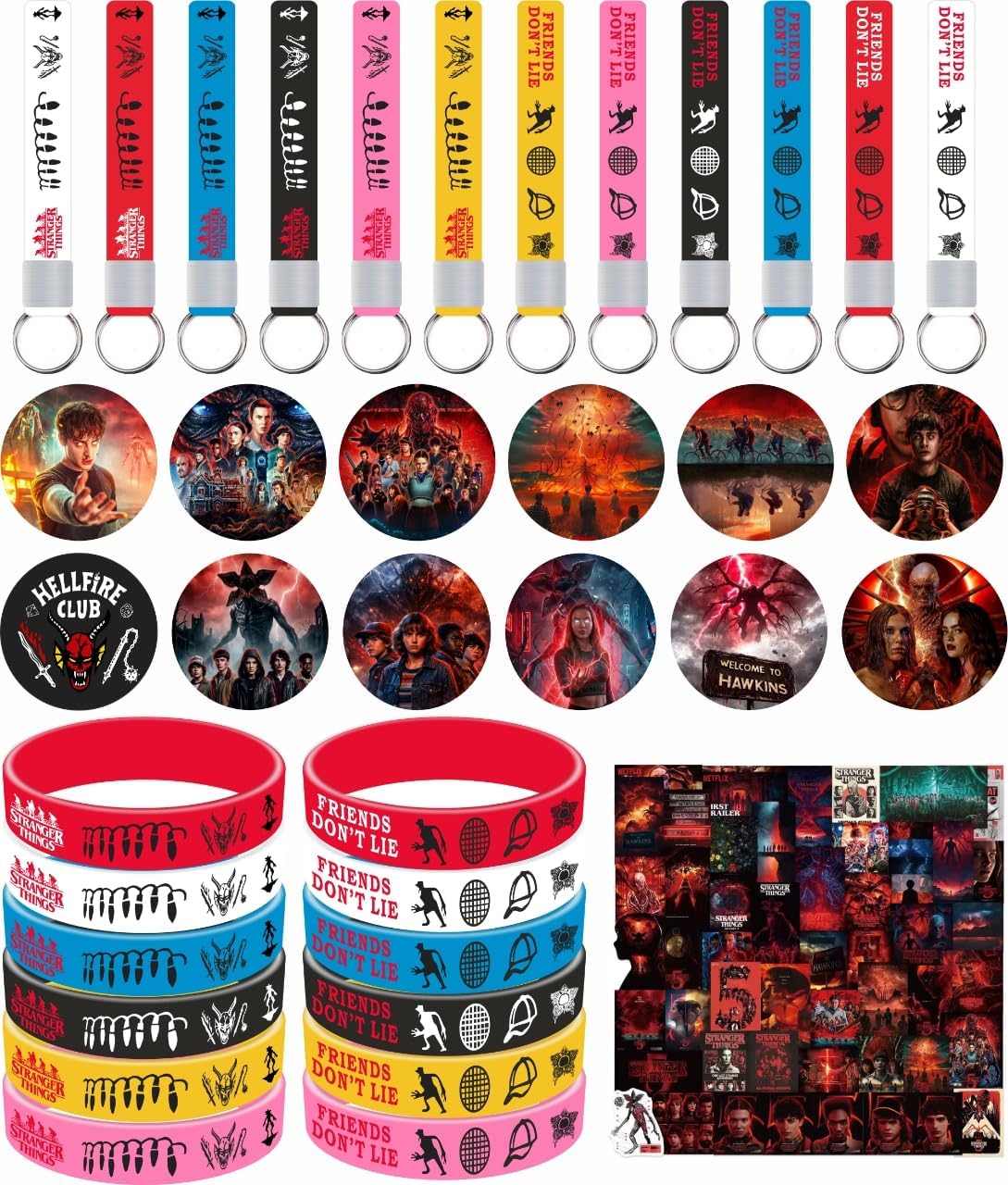 Teeo Deeo Stranger Birthday Party Supplies, 86pcs Birthday Party Decorations Set Included 12 Bracelets, 12 Acrylic Pins, 12 Keychains, 50 Stickers, for Boys and Girls Cartoon Theme Party