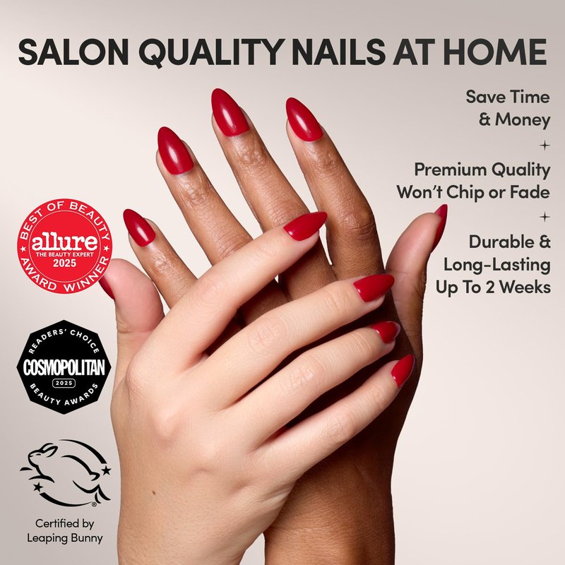 Glamnetic Press On Nails - Classic Red Short Almond | Opaque Timeless Design | 30 Nail Kit with Glue in 15 Sizes
