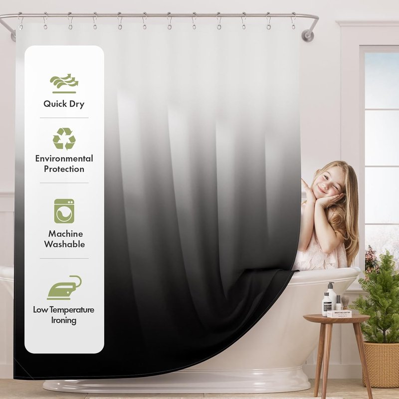 AmazerBath Ombre Black Shower Curtain Set - Washable Fabric with 12 Hooks | 72x72 Inches
