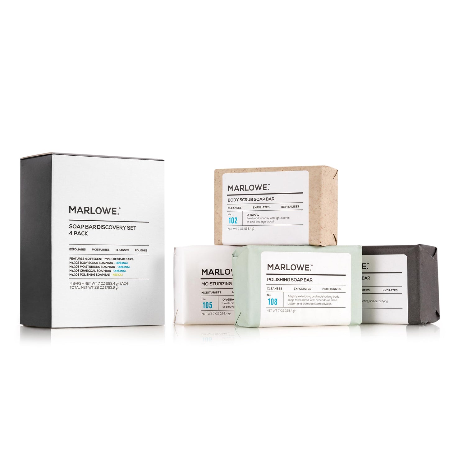 MARLOWE. Soap Discovery Gift Set, Mens Skin Care Variety Selection of Exfoliating Body Scrub, Charcoal, Moisturizing & Polishing Body Bar Soaps for Men, 4 Pack