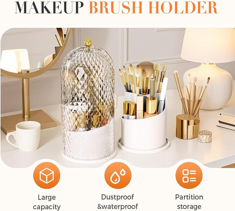 Skiennix Concealed Toothbrush Holder - 360° Rotating Makeup Brush Organizer with Lid | Dustproof, Black