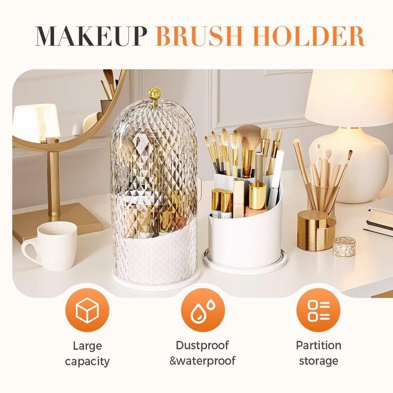 QLODFHG Concealed Toothbrush Holder, Makeup Brush Holder Organizer with Lid 360 Rotating Clear Dustproof for Dresser Tabletop Bathroom Countertop (White)