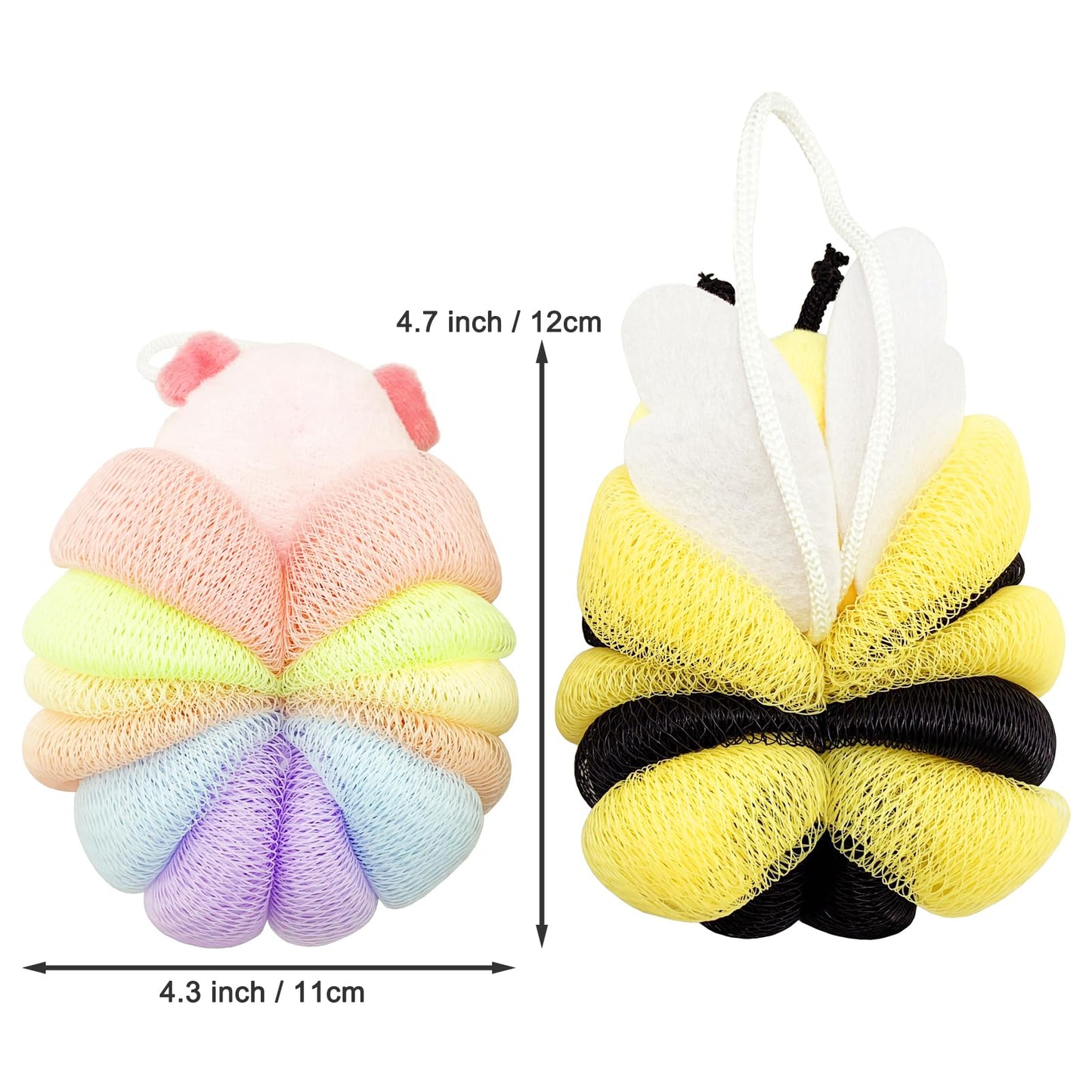 BETITETO Bath Sponges 2Pieces Cute Cartoon Animal Bath Loofahs Pouf Mesh Balls Body Scrubber Bathing Accessories Gifts for Women (Bee + Pig)