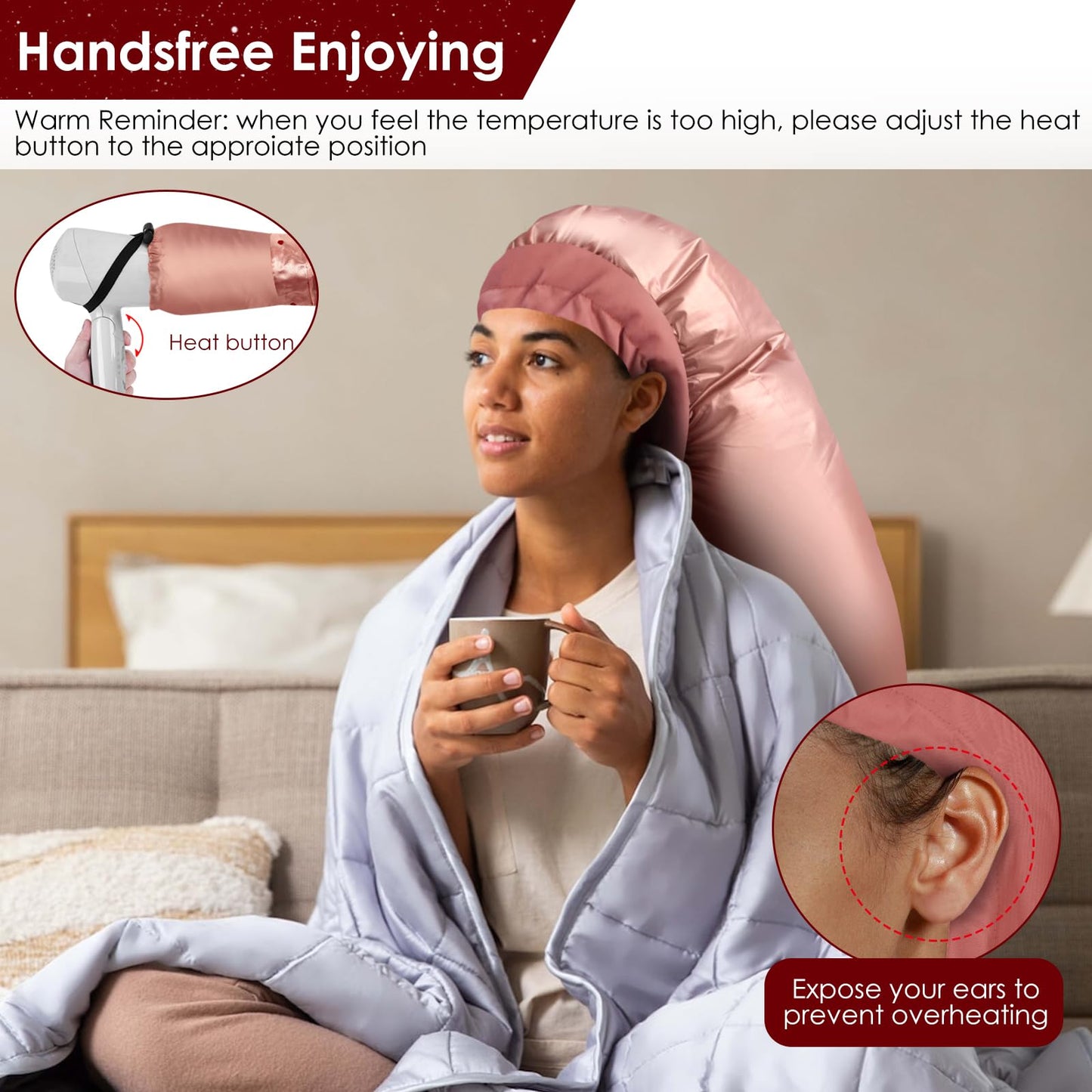 TEPENAR Hair Dryer Bonnet Attachment: Upgraded Extra Large Hooded Dryer Adjustable Hair Dryer Caps - Easy to Use for Natural Curly Textured Hair Care Styling Fast Drying - Rose Gold
