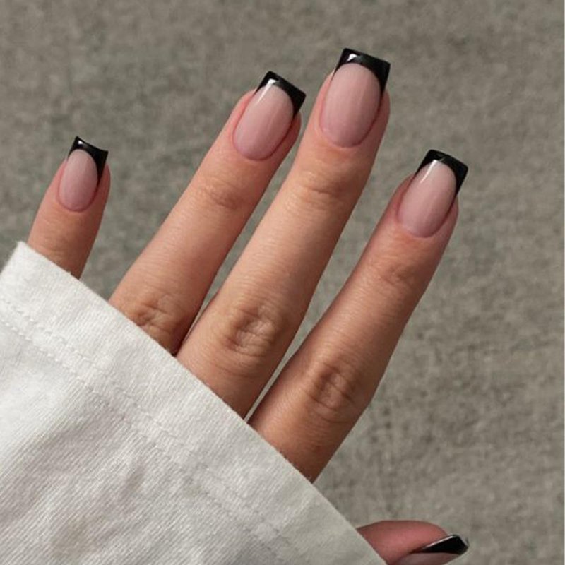 Modelones Black French Tip Press on Nails Short, Square Fake Nails, Reusable Nail Kit with Nail Glue Adhesive Tabs Mini Nail File, Nails Press Ons 32Pcs 16Sizes, Spring Women Girl Gift