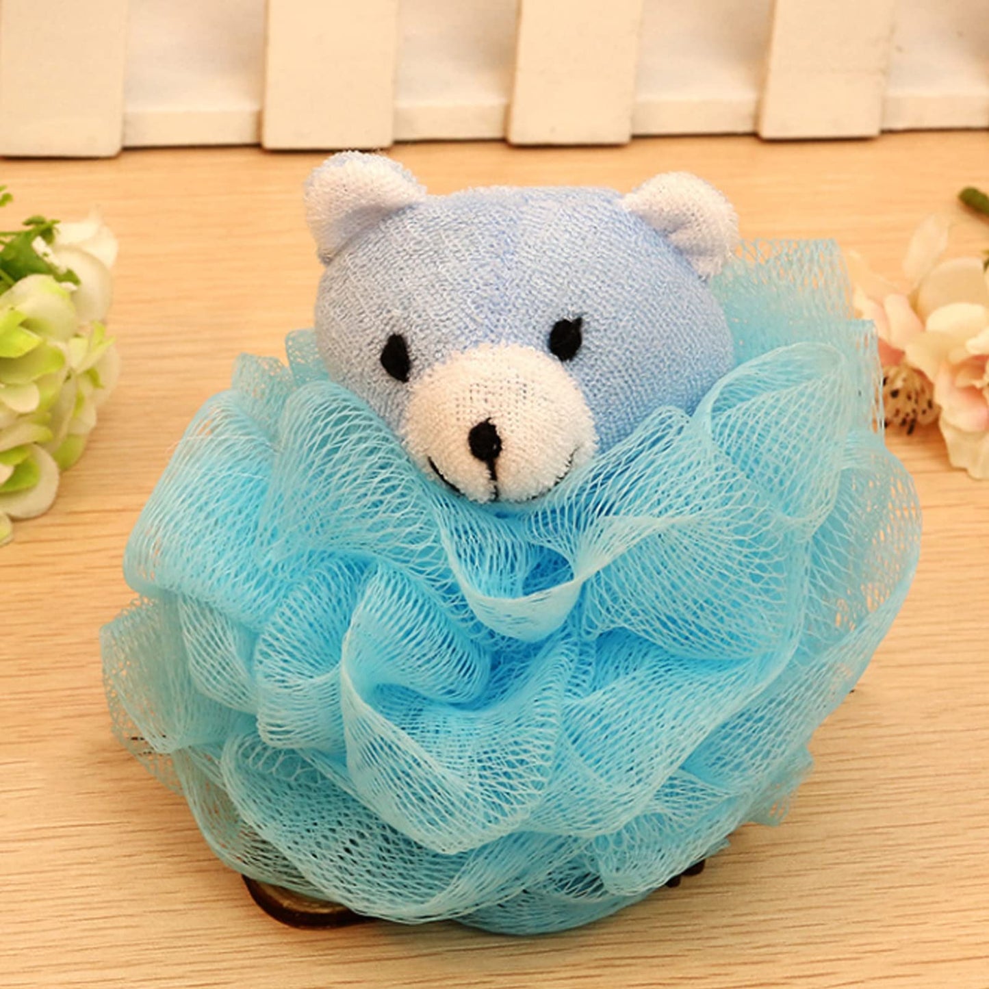 Cute Unicorn Kids Bath Loofahs Balls for Baby Girls Boys Mesh Shower Ball Pouf Exfoliating Bath Sponge Body Cleaner Bath Accessories (Blue Bear B)