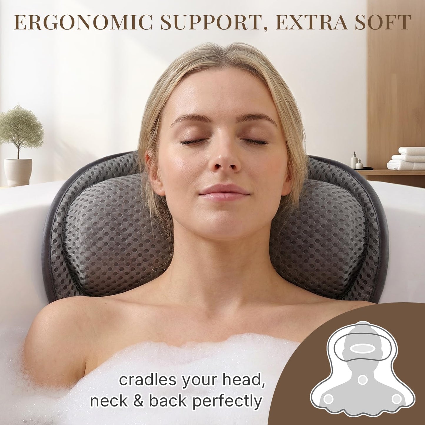 Bath Pillow, Luxury Bath Pillows for Tub, Relaxing Bathtub Pillows for Head and Neck Support, with 4D Air Mesh Fabric and Powerful Suction Cups, Great Bath Tub Accessories, Gray